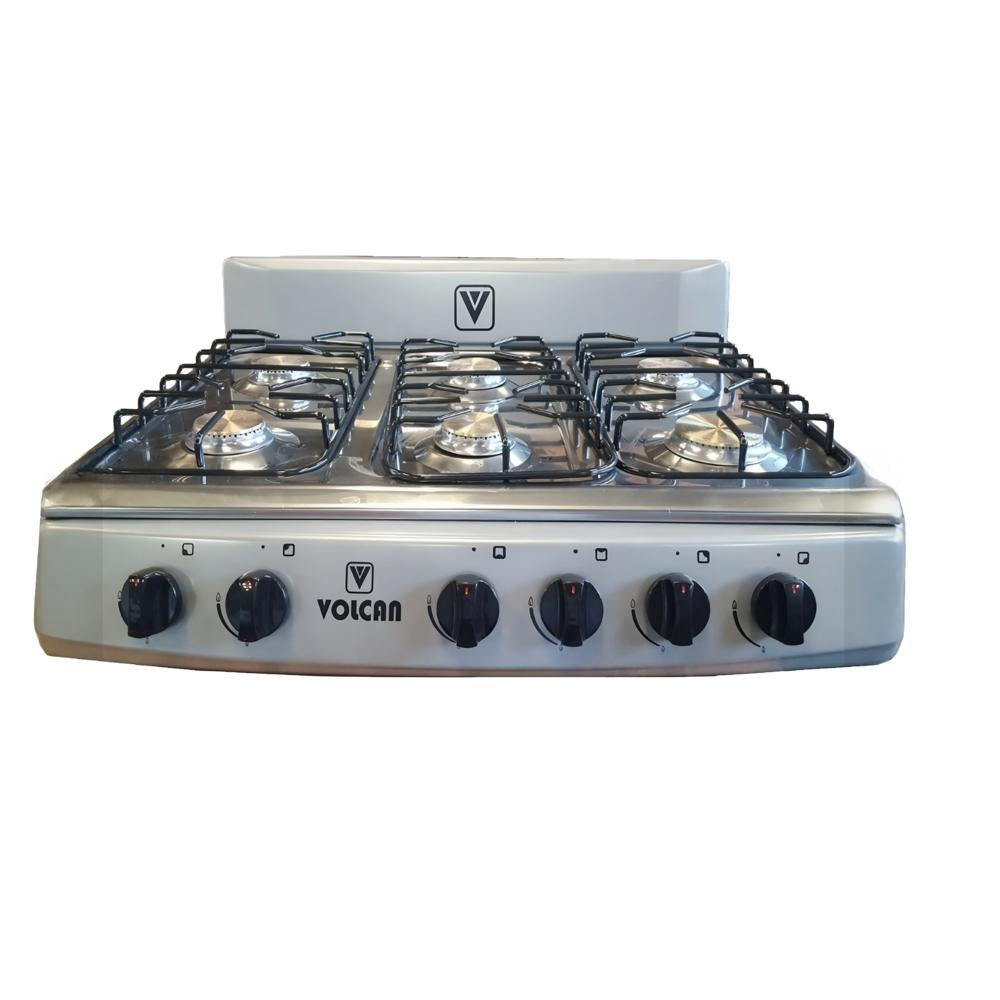 Estufa De Mesa VOLCAN de Gas | 6 Hornillas | Acero Inoxidable | Respaldo