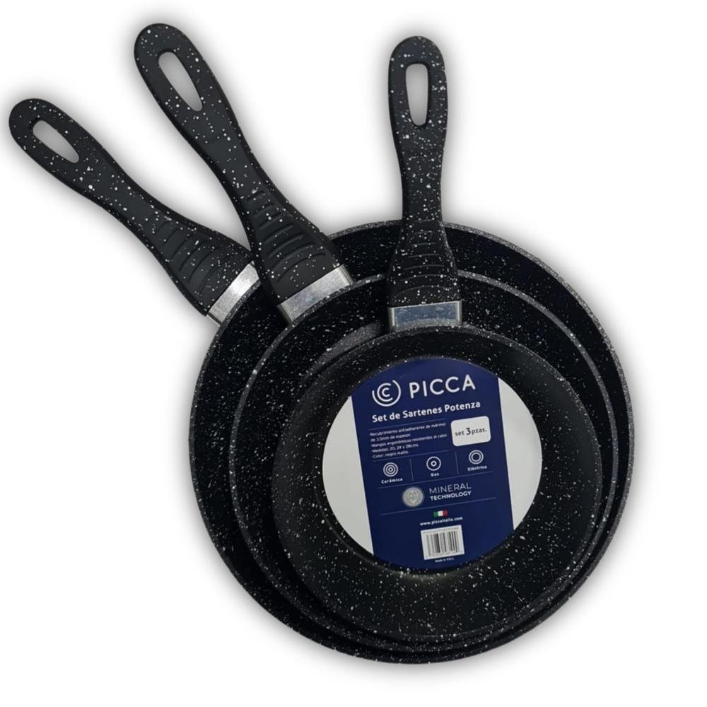 Juego de Sartenes PICCA Potenza | 3 Piezas 20, 24, 28cm | Marmol 3.5 mm de Espesor | Color Negro