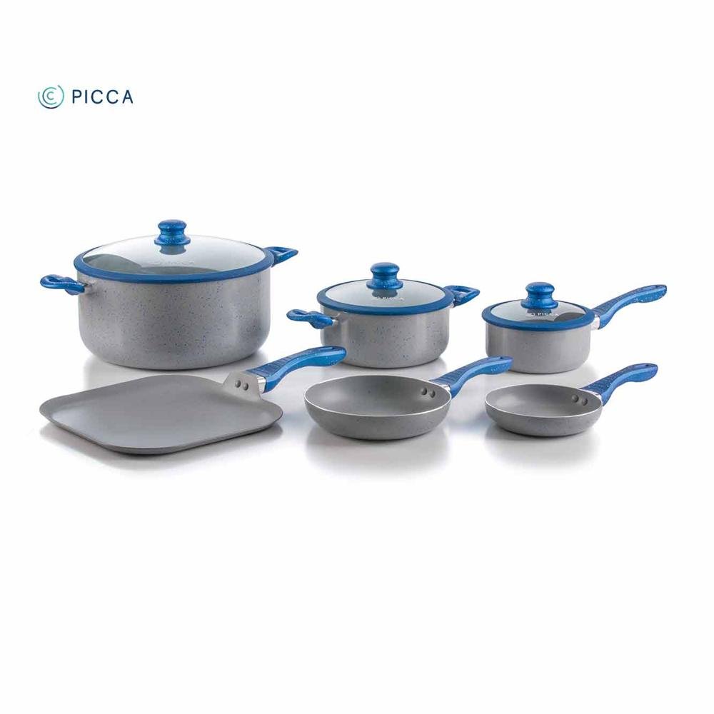 Batería de Cocina PICCA | 9 piezas | Mármol BARI | Color Gris Stone Azul