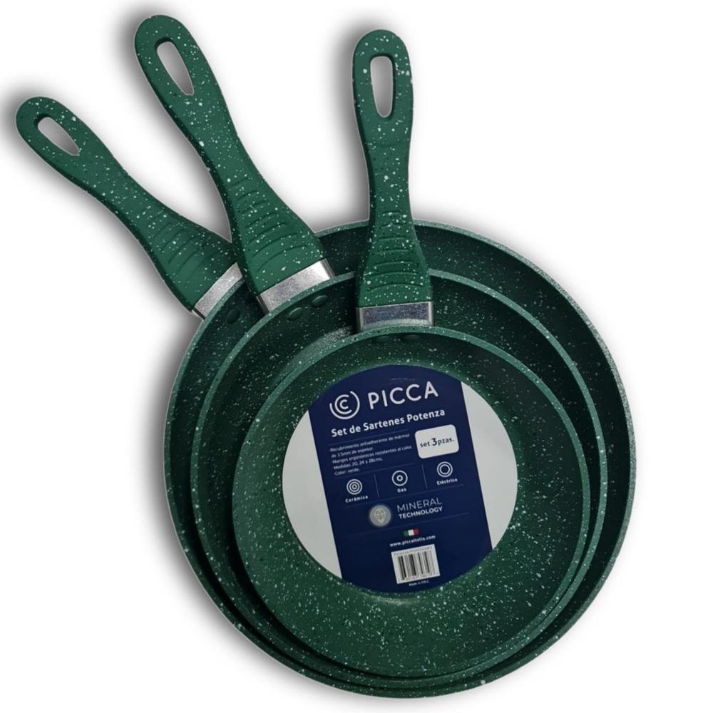 Juego de Sartenes PICCA Potenza | 3 Piezas 20, 24, 28cm | Marmol 3.5 mm de Espesor | Color Verde