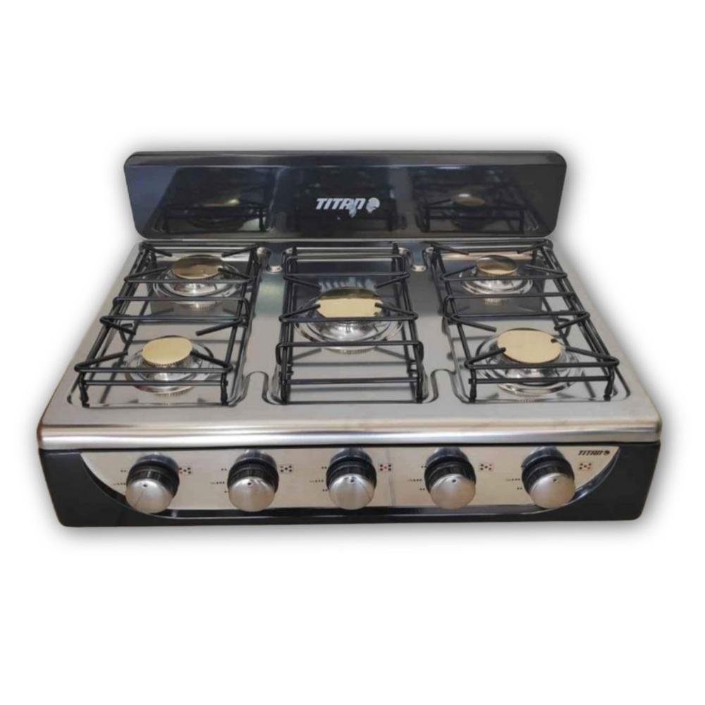 Estufa de Mesa TITAN de Gas | 5 hornillas | Con respaldo | Base de Acero Inoxidable