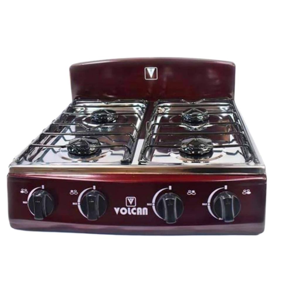 Estufa de Mesa VOLCAN de Gas | 4 Hornillas | Porcelana | Color Vino Tinto