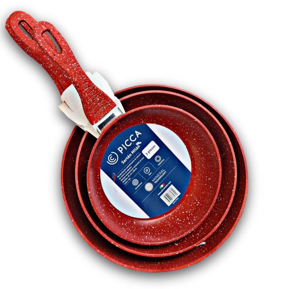 Juego de Sartenes PICCA Milan | 3 Piezas 20, 24, 28cm | Marml 4.0 mm de Espesor | Color Rojo