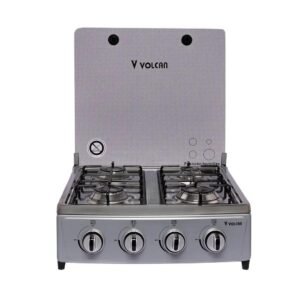 Estufa de Mesa VOLCAN de Gas | 4 Hornillas | Tapadera de Vidrio Templado | Quemadores de Aluminio