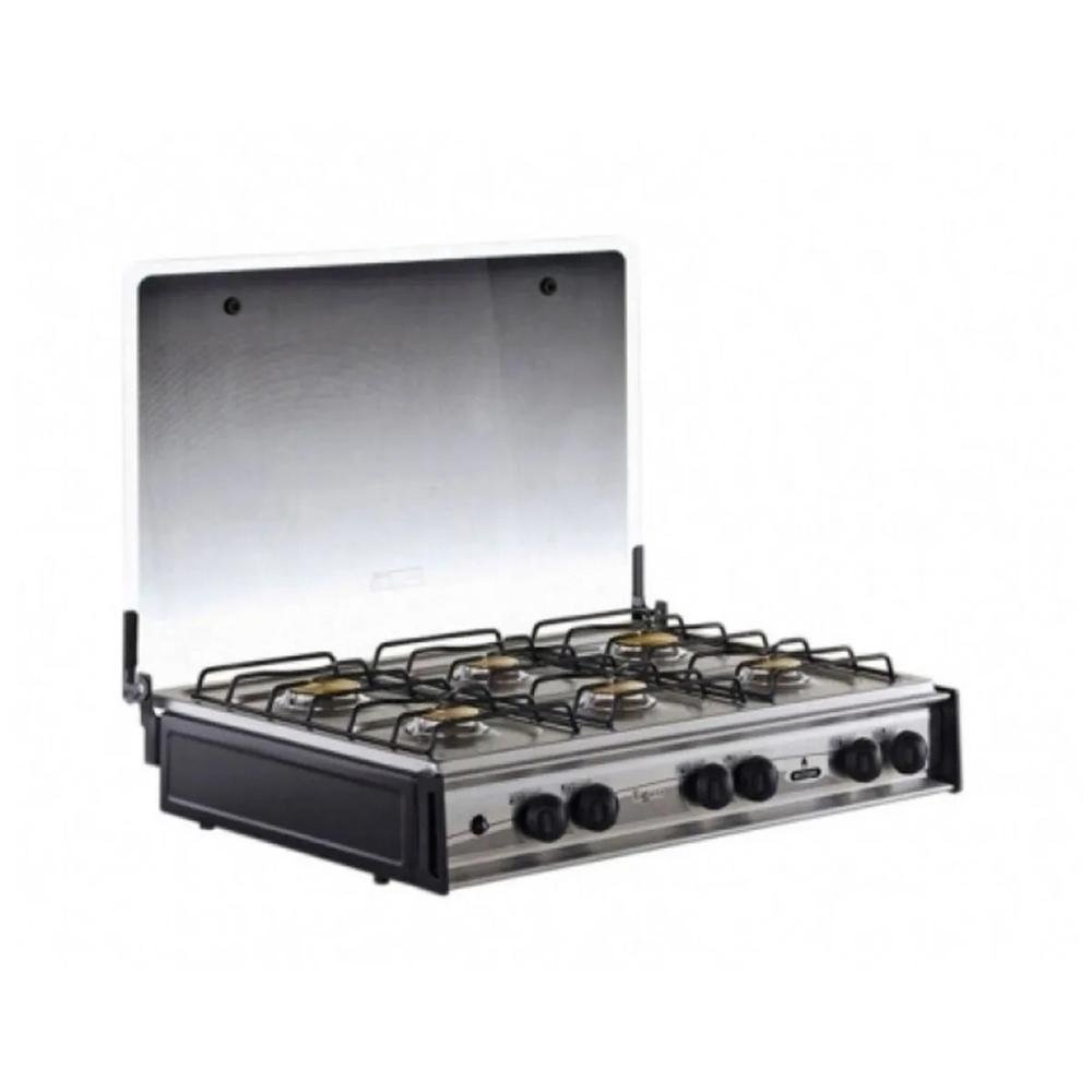 Estufa de Mesa CAPRI de Gas | 6 Quemadores de bronce | Tapa de Vidrio