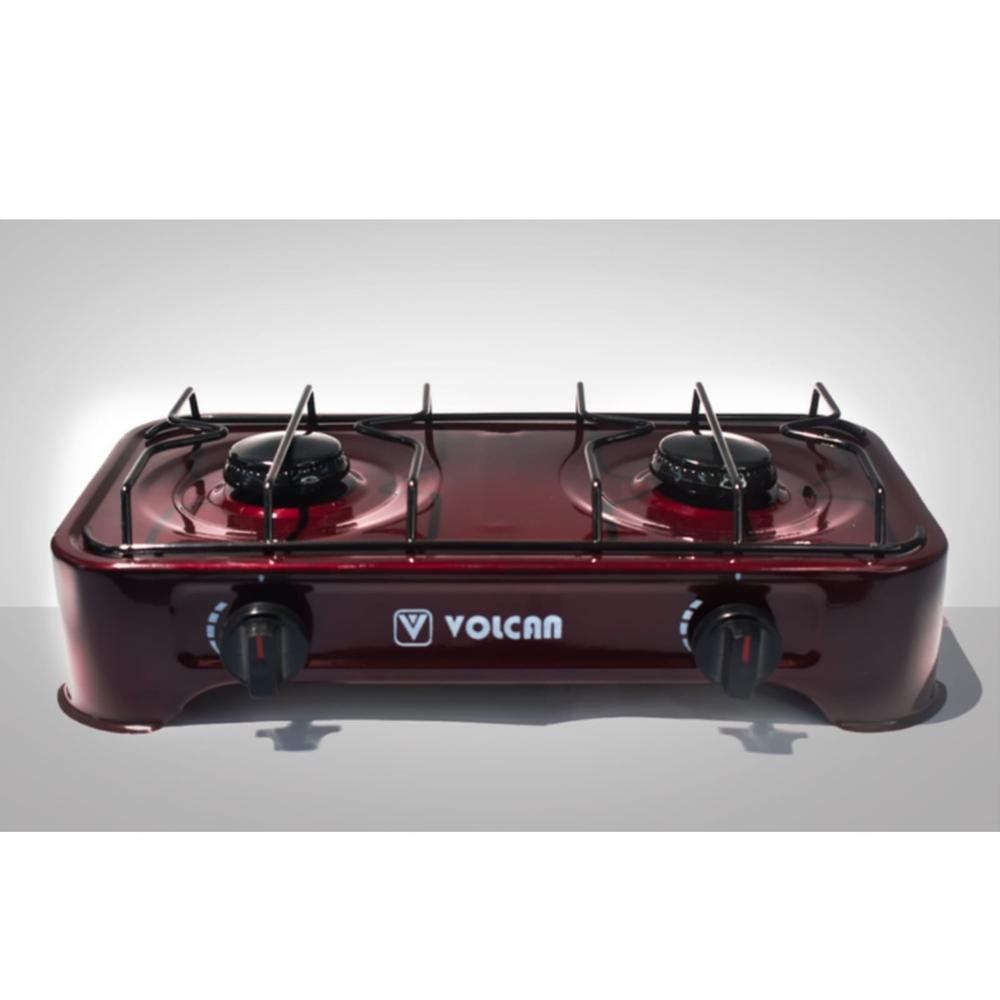 Estufa de Mesa VOLCAN de Gas | 2 Hornillas | Porcelana | Color Vino Tinto