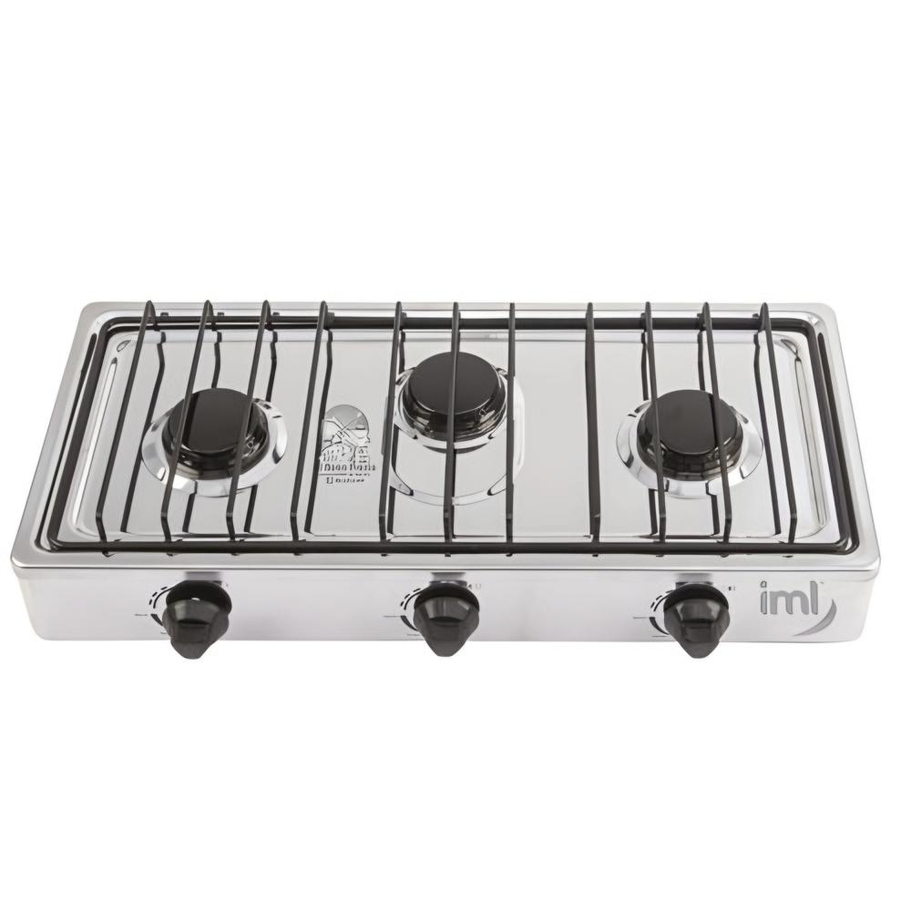 Estufa de Mesa IML a Gas | 3 Hornillas | Cuerpo y Cubierta de Acero Inoxidable